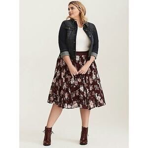 Torrid Floral Midi Chiffon Tulle Lined Skirt Burgundy Pull On Plus Size 2 2X